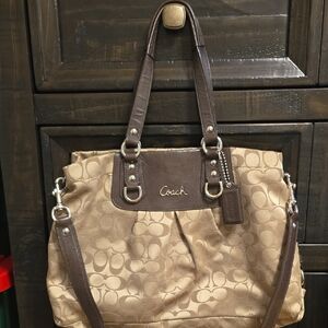 Coach Beige Signature Tote with Brown Leather Trim